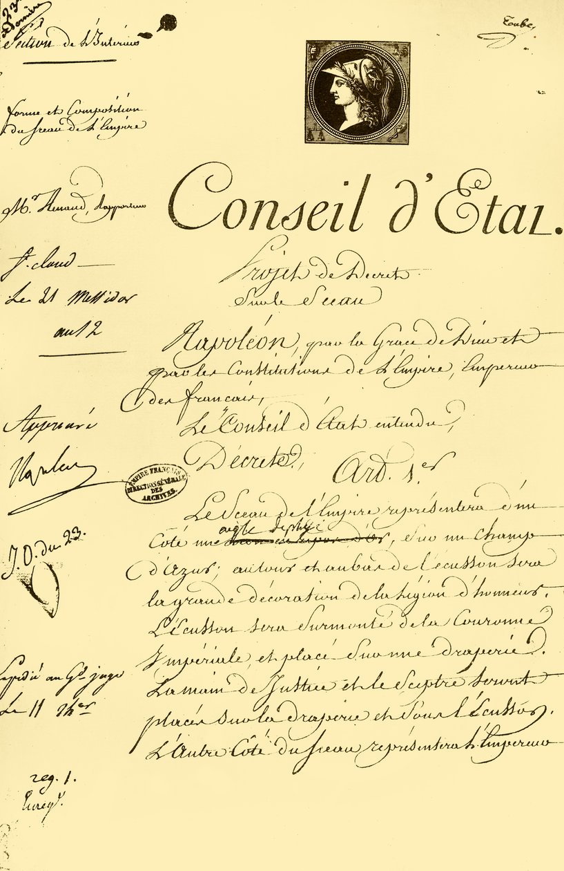 Utkast till dekret om det kejserliga sigillets form och sammansättning, 10 juli 1804, 1921. av Unbekannt