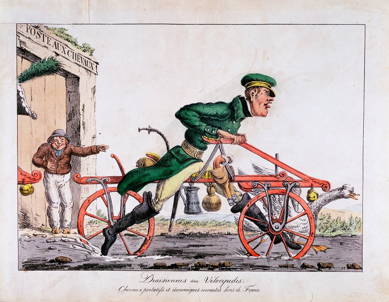Draisienne eller velocipede visas ersätta hästar i den franska posttjänsten, 1818 av Unbekannt