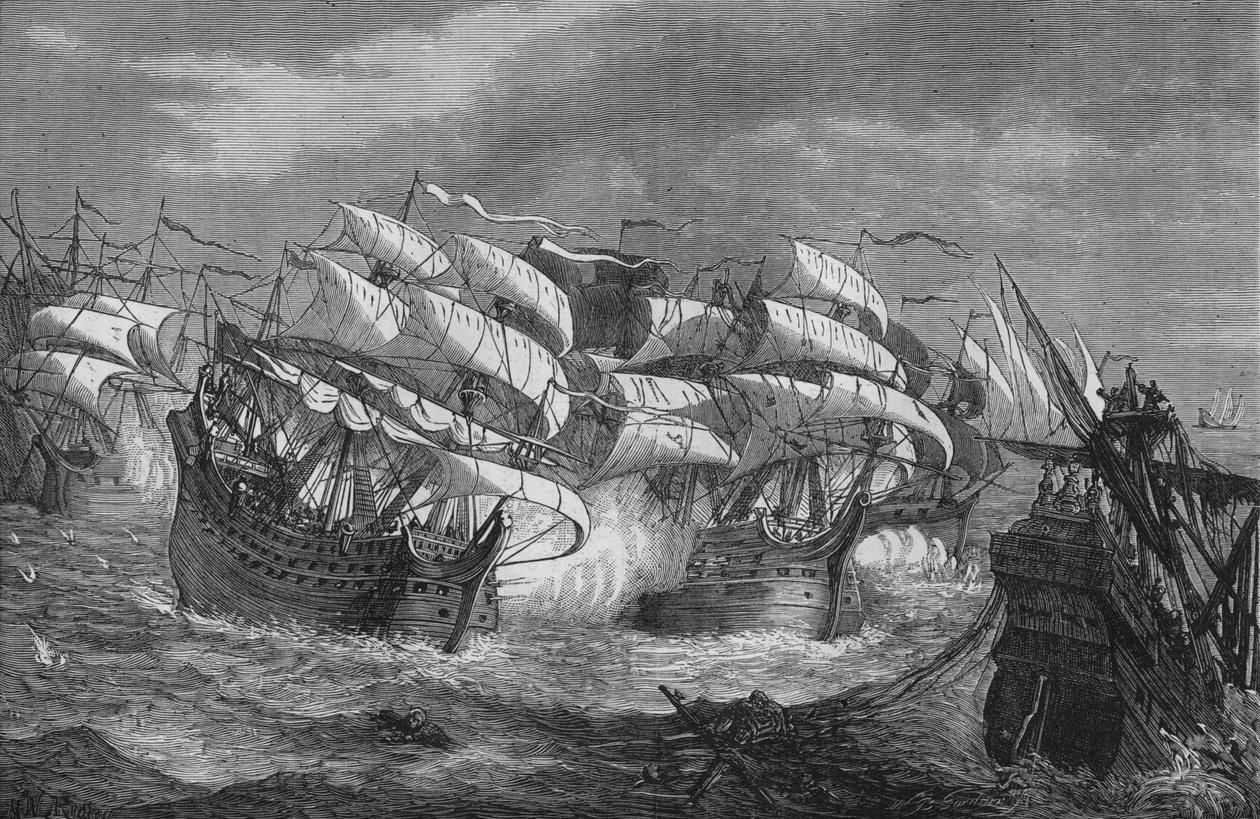 Drake attackerar det spanska skattskeppet, c1578, c1880 av Unbekannt