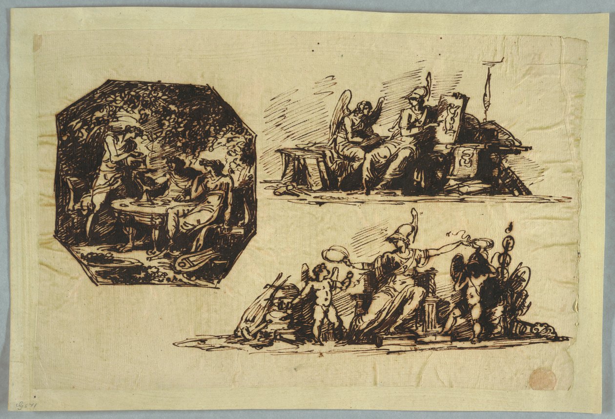 Teckning, Bacchus, Apollo och Mnemosine; Minerva med troféer av Unbekannt