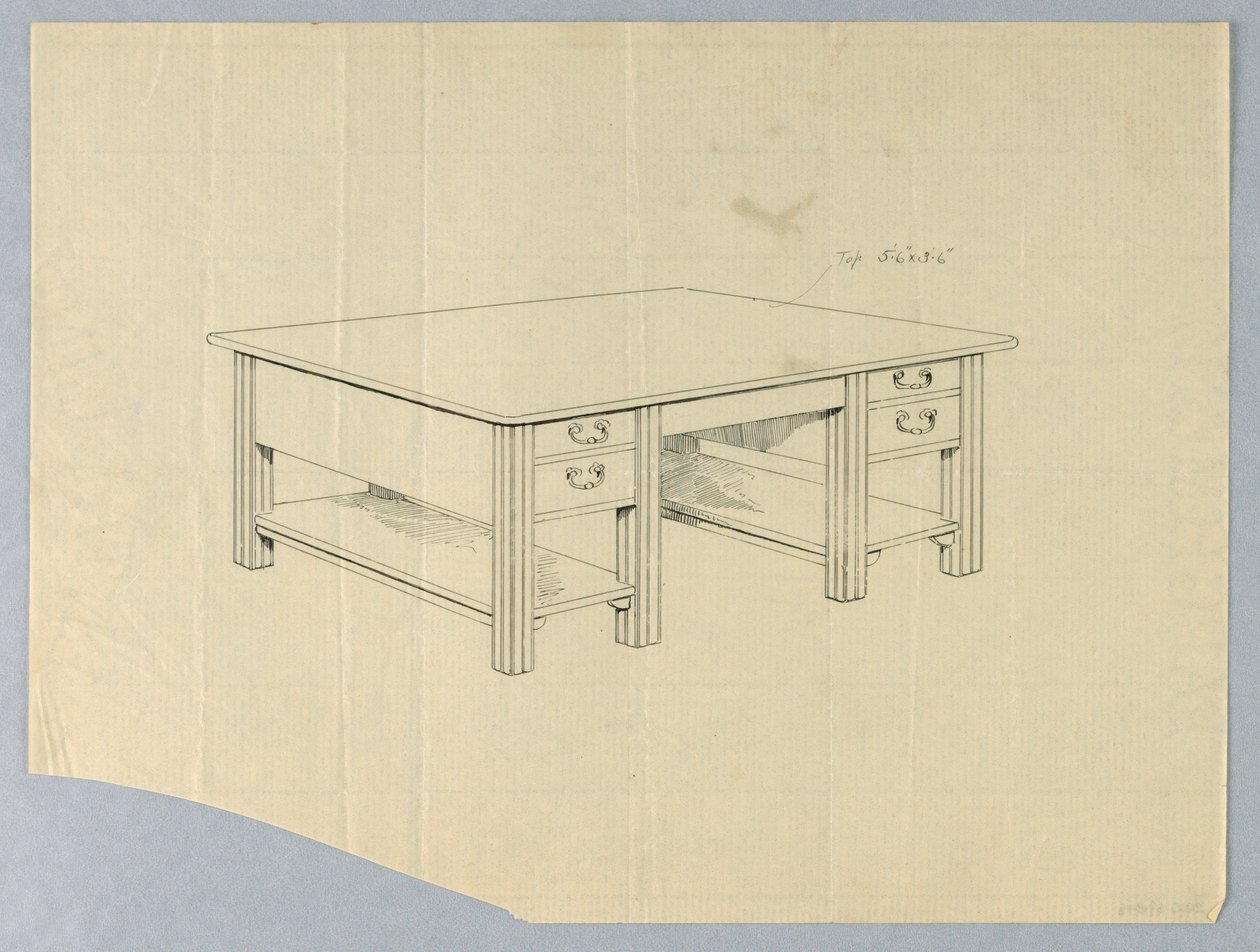 Ritning, design för massivt biblioteksbord med fyrkantiga räfflade ben och öppna bårhyllor av Unbekannt