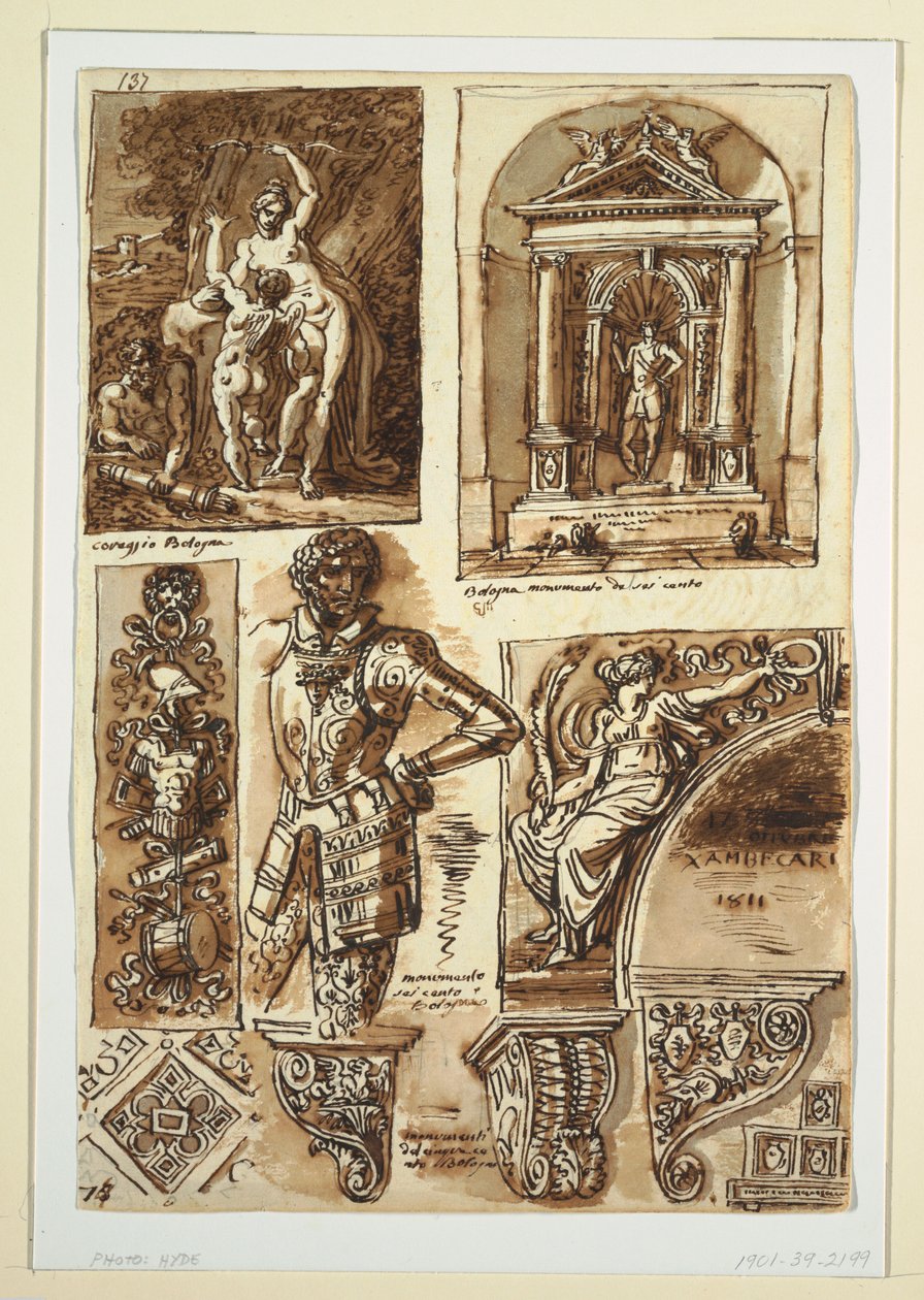Ritning, Studieblad efter Bolognesiska monument, 1811–14 av Unbekannt
