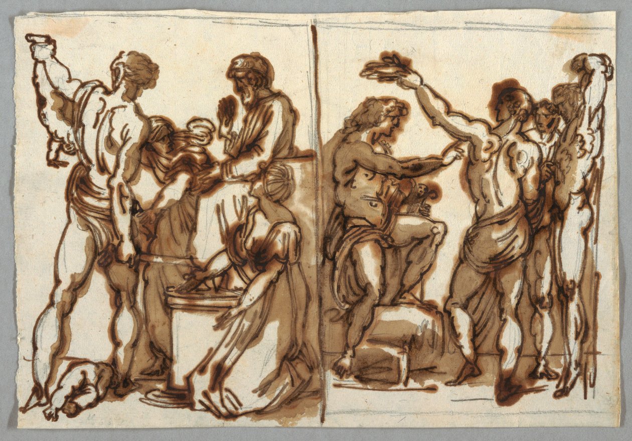 Teckning, Salomos dom; Marsyas dödande, ca 1820 av Unbekannt