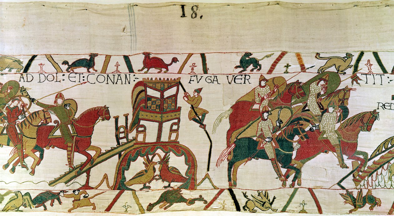 Duke Conan flyr från Dol med hertig Williams riddare i jakten, Bayeux Tapestry (ullbroderi på linne) av Unbekannt