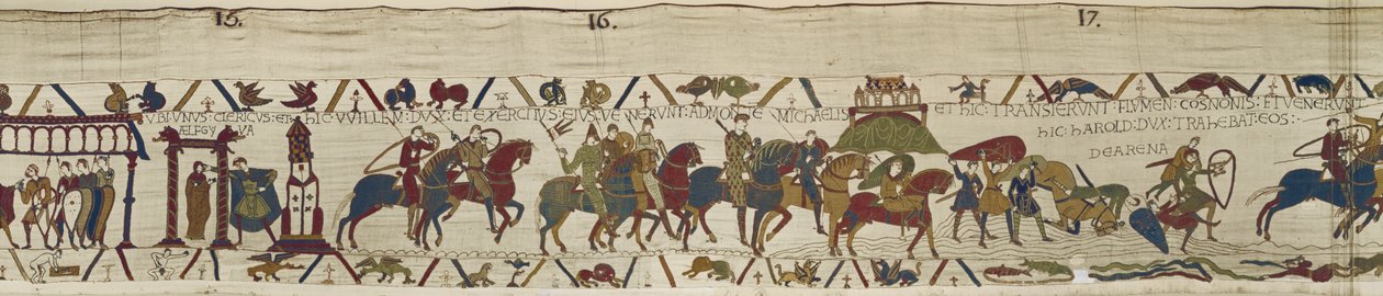 Hertig William leder sin armé till Bretagne där Harold modigt räddar soldater från kvicksanden, Bayeux Tapestry (ullbroderi på linne) av Unbekannt