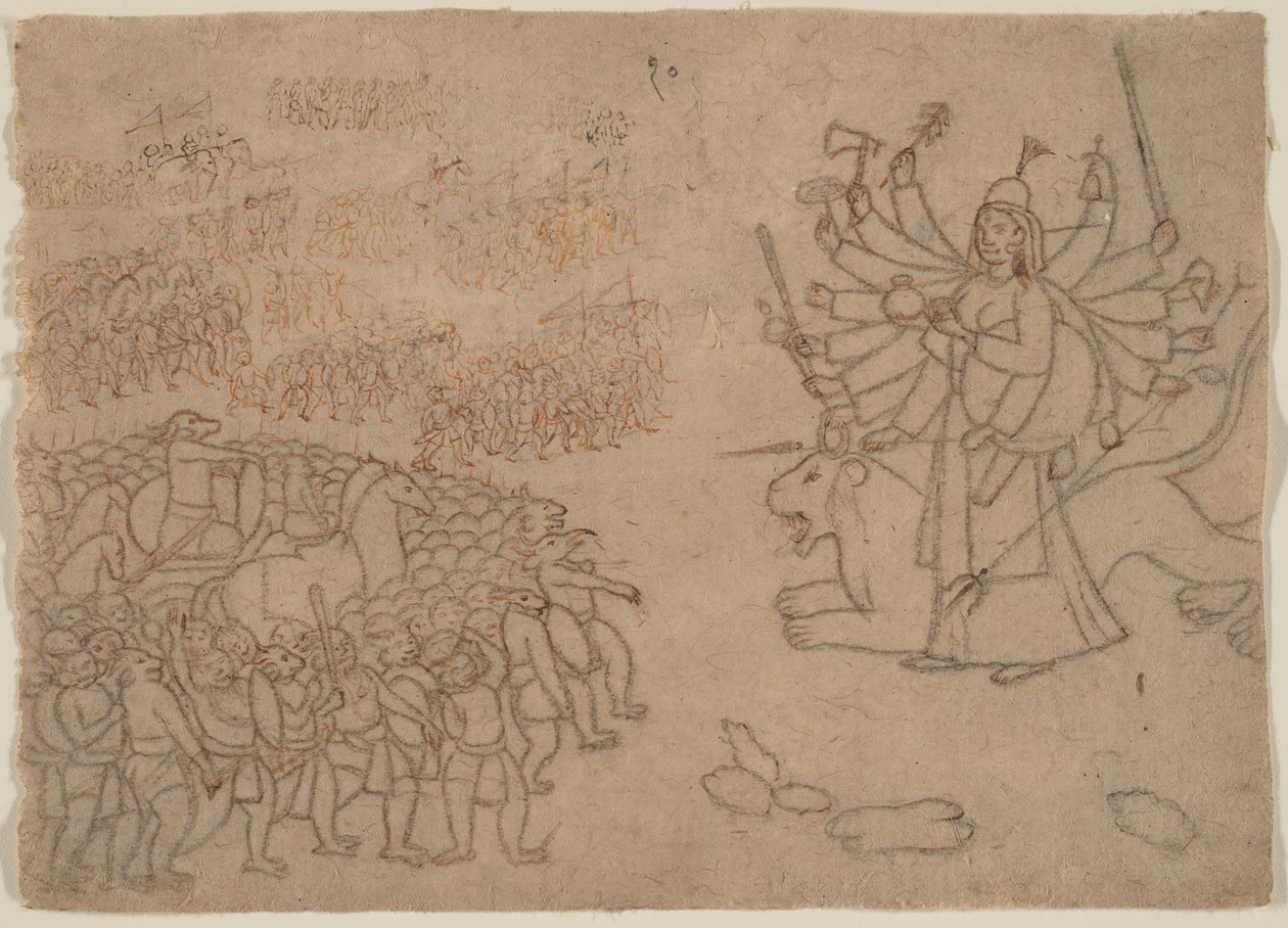 Durga konfronterar Army of the Demon Chikshura: Scen från Devi Mahatmya, ca. 1780. av Unbekannt