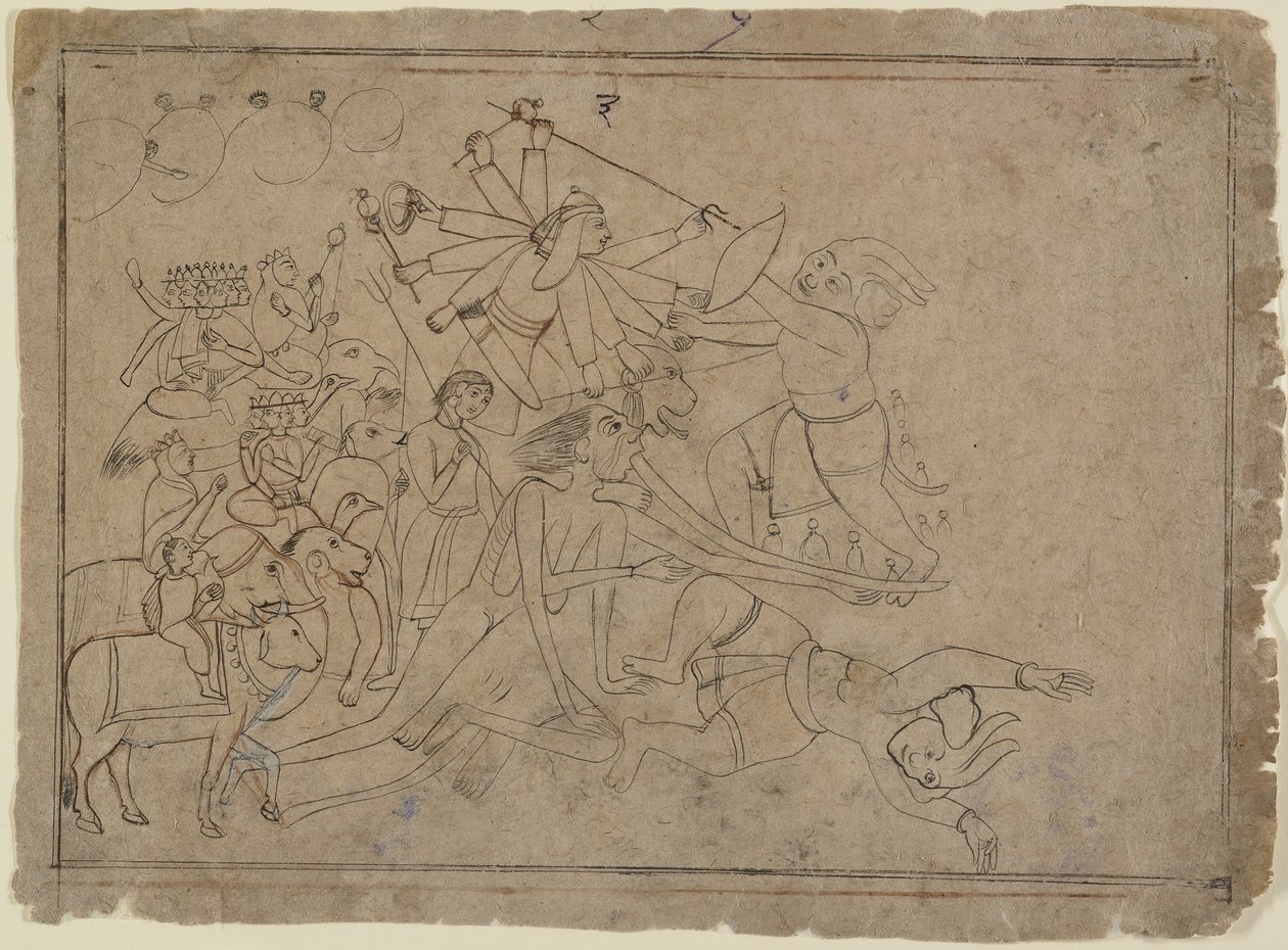 Durga, Kali och matrikerna slåss mot demonen Raktabija: scen från Devi Mahatmya, Ka. 1780. av Unbekannt