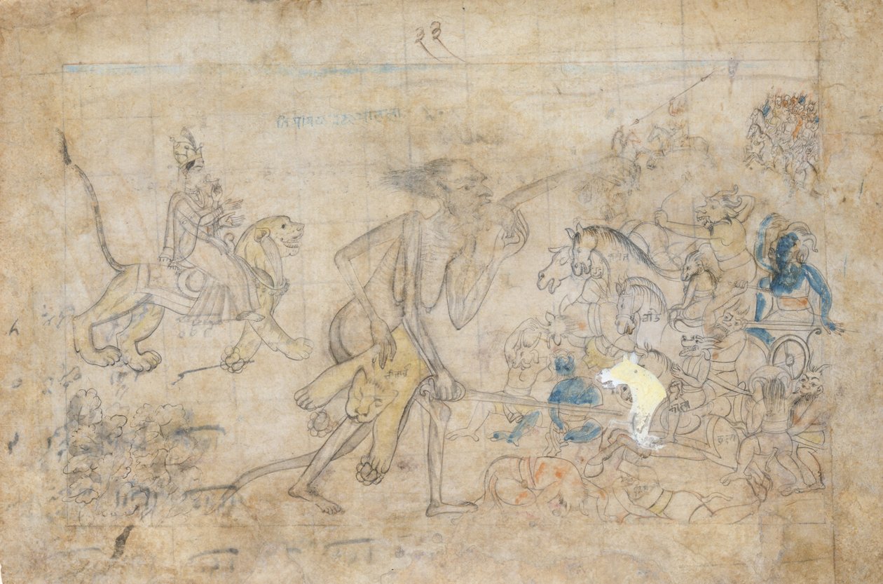 Durga och Kali närmar sig Chandas och Mundas samlade arméer..., ca. 1780. av Unbekannt
