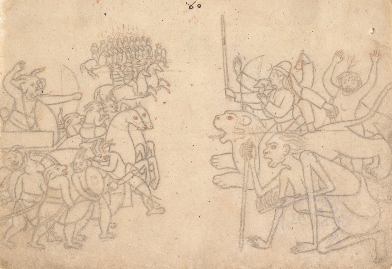 Durga och Kali närmar sig Chandas och Mundas samlade arméer... Devi Mahatmya, ca 1780. av Unbekannt