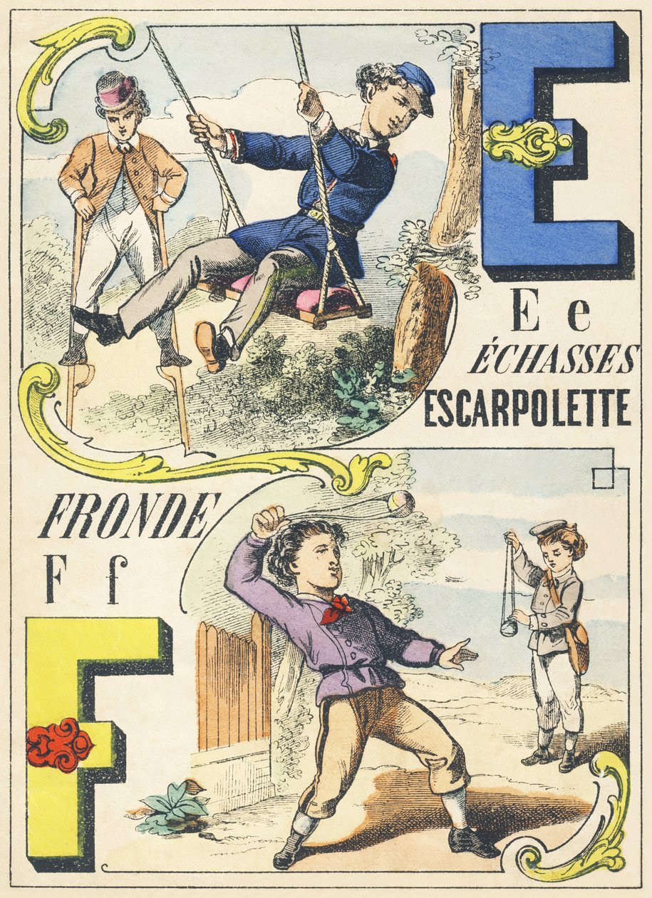 E F : echasses, escarpolette, fronde - Games Alphabet, c.1890 (illustration) av Unbekannt