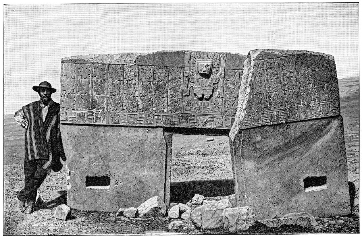 Östra aspekten av den monolitiska porten till Akapana, Tiahuanaco, Bolivia, 1901 av Unbekannt