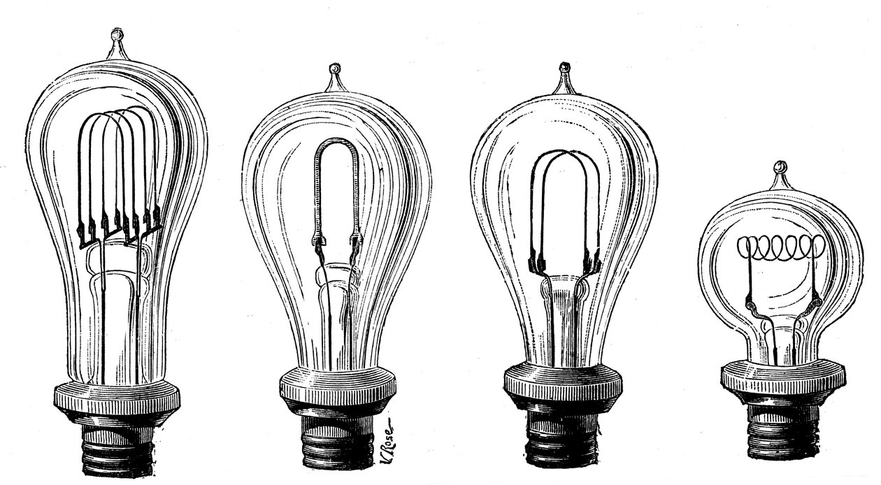 Edisons glödlampor som visar olika former av kolfilament, 1883 av Unbekannt