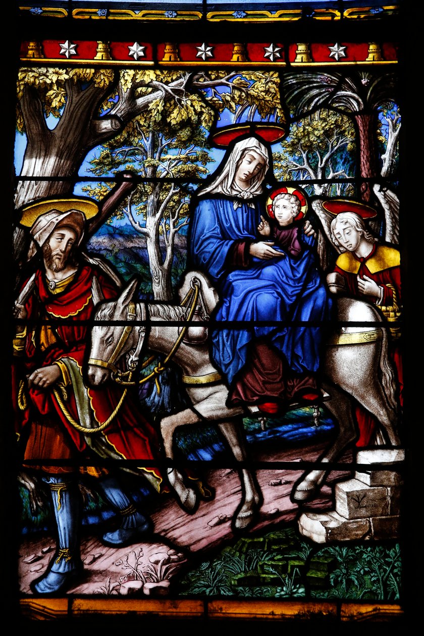 Kyrkan Saint-Remy i Troyes. Fönster i målat glas: Scener ur Jungfruns liv. Detalj: Flygningen till Egypten. Vincent-Larcher verkstad, 1800-talet av Unbekannt