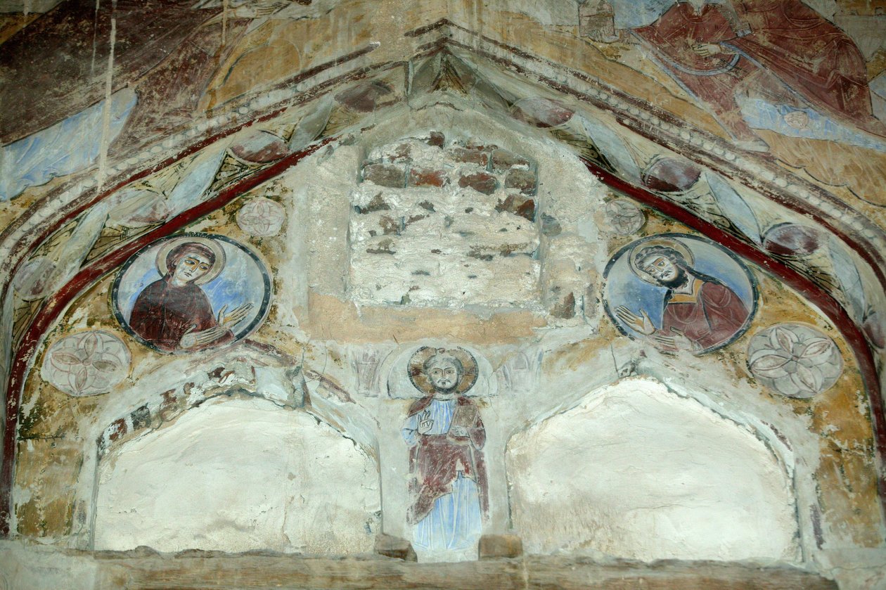Kyrkan Saint Macaire. Fresker av den heliga jungfrun och Johannes Döparen som går i förbön med Kristus till förmån för mänskligheten. Saint Macaire of Scete Monastery eller Deir Abu Magar eller Deir Amba Makar, Egypten av Unbekannt