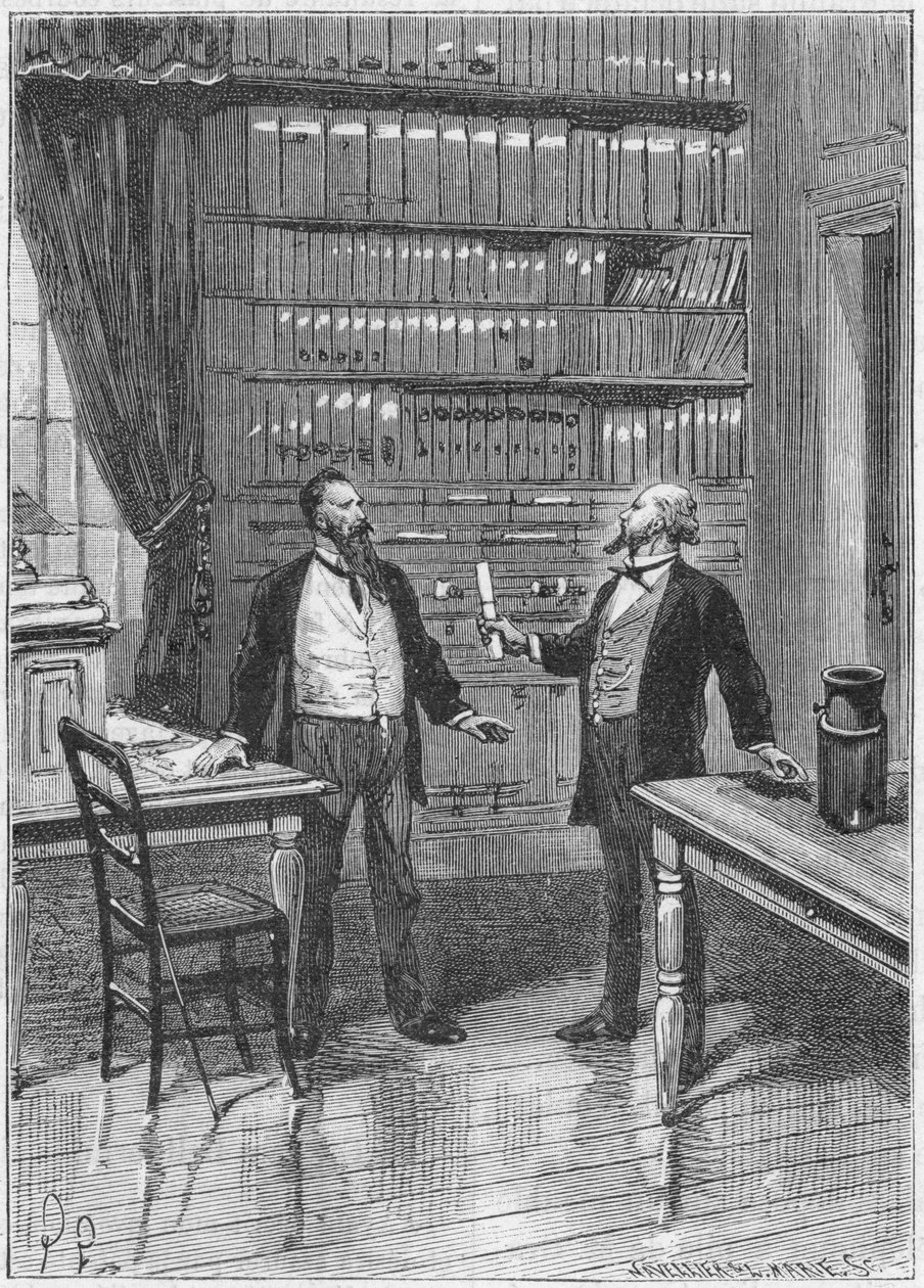 Elisha Gray, amerikansk uppfinnare, presenterar varningen för sin telefon, 1876, c1890 av Unbekannt