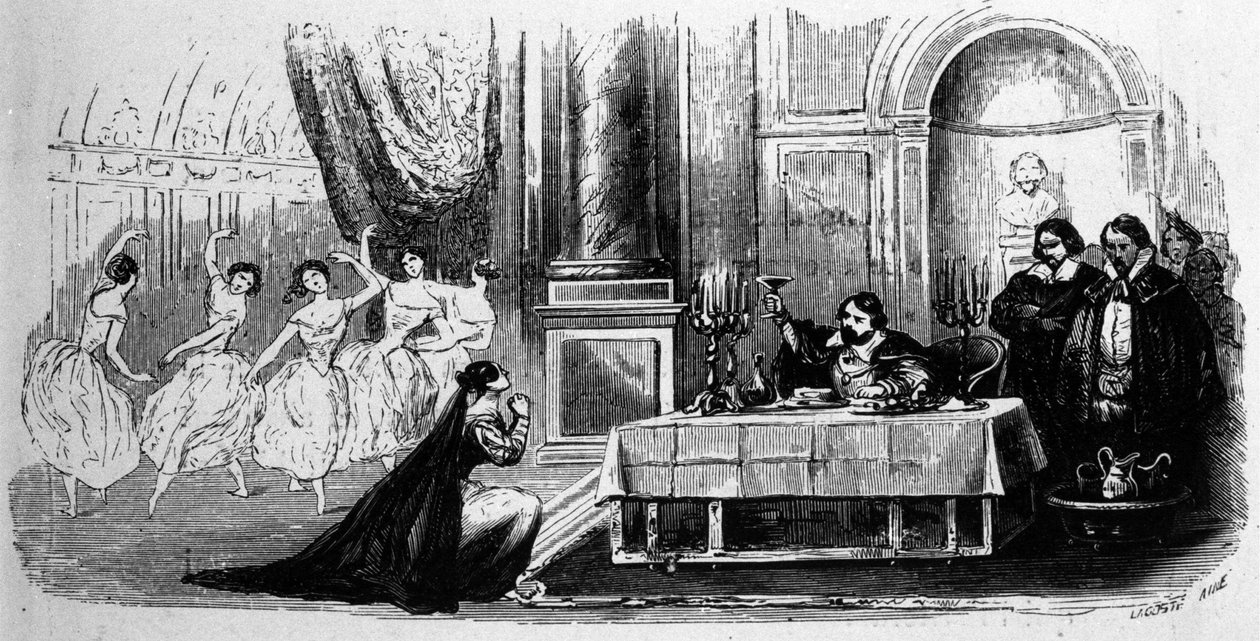 Elvira ber Don Giovanni att ändra sitt sätt, scen från "Don Giovanni", av Wolfgang Amadeus Mozart (gravyr) av Unbekannt