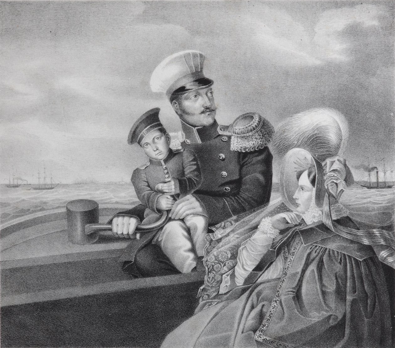 Kejsar Nicholas I och kejsarinnan Alexandra Fyodorovna med sonen Konstantin Nikolaevich på en båttur, av Unbekannt