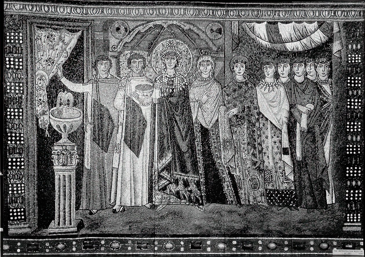 Kejsarinnan Theodora och medlemmar av hennes hov, bysantinskt, original från början av 1900-talet daterat 600-talet. av Unbekannt