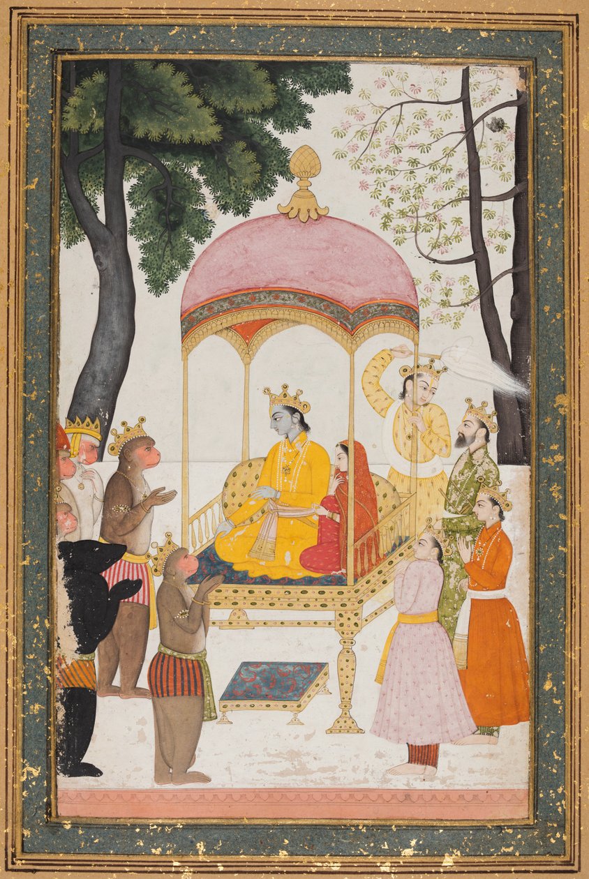 Tronande Rama och Sita får hyllning av sina allierade med apa och björn, ca. 1765. av Unbekannt