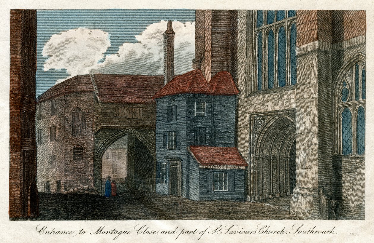 Ingången till Montague Close, och en del av St Savios Church, Southwark, London, 1814 av Unbekannt