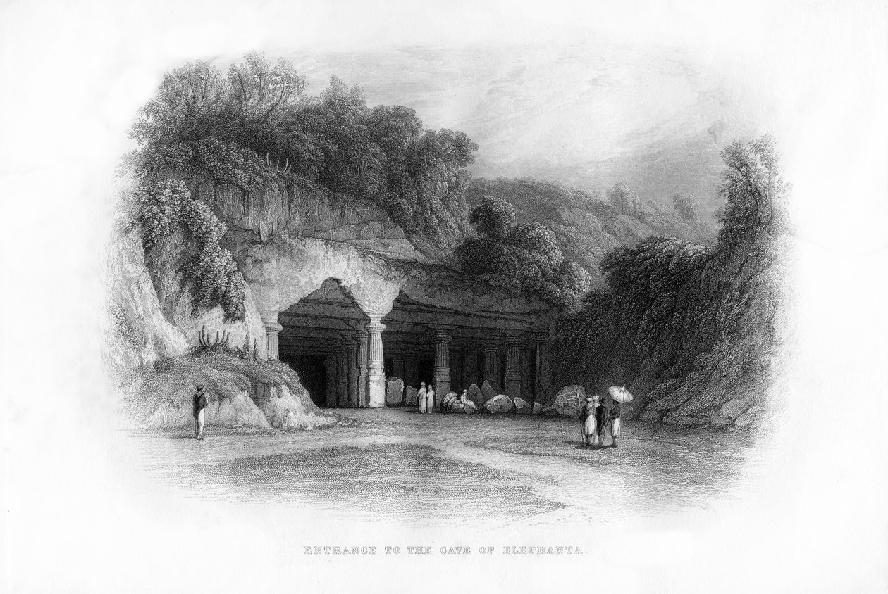 Ingång till Elephanta-grottorna, Bombay, Indien, 1800-talet av Unbekannt