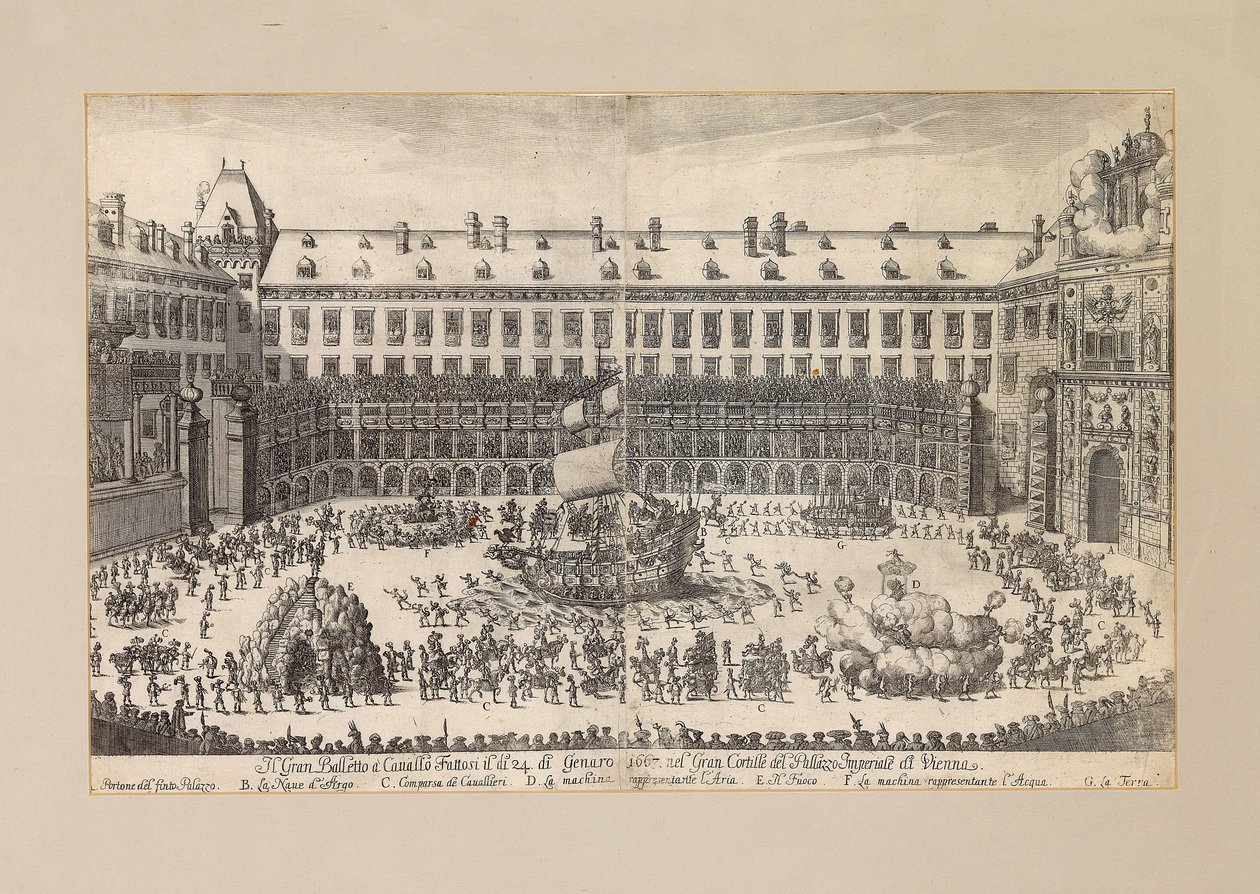 Ryttarbalett på innergården i Wien Hofburg ..., 1667. av Unbekannt