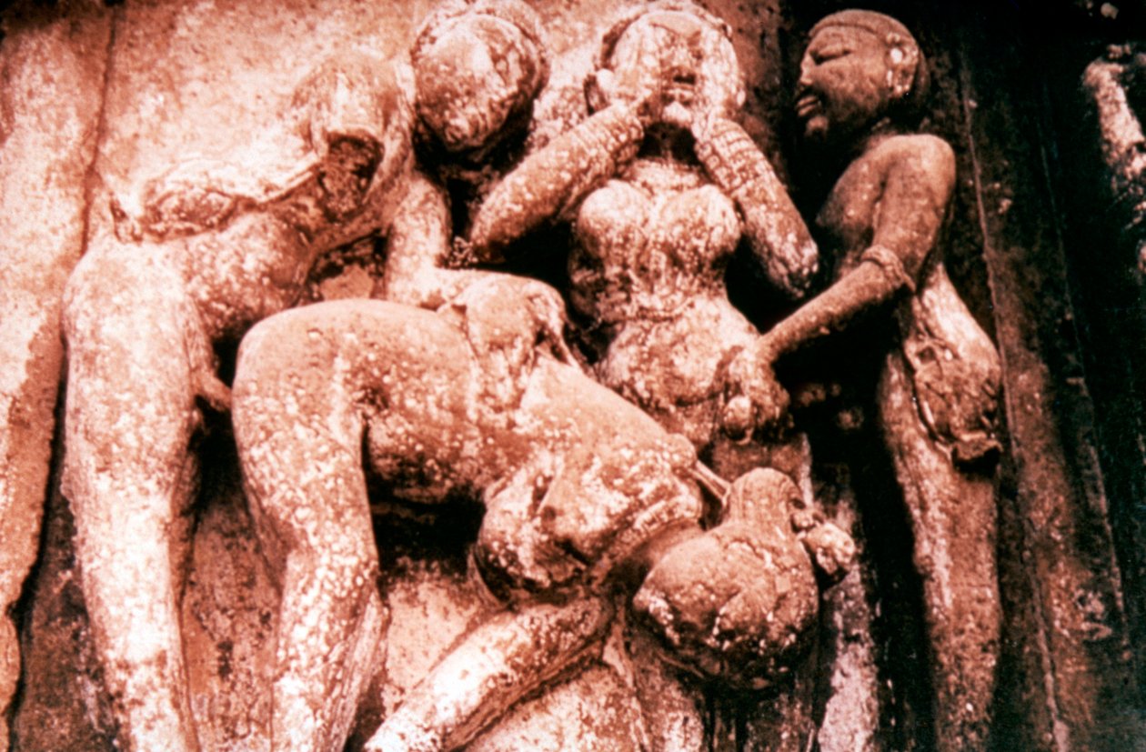 Erotisk skulptur, hinduiskt tempel, Khajuraho, Indien, 950 - 1050 av Unbekannt
