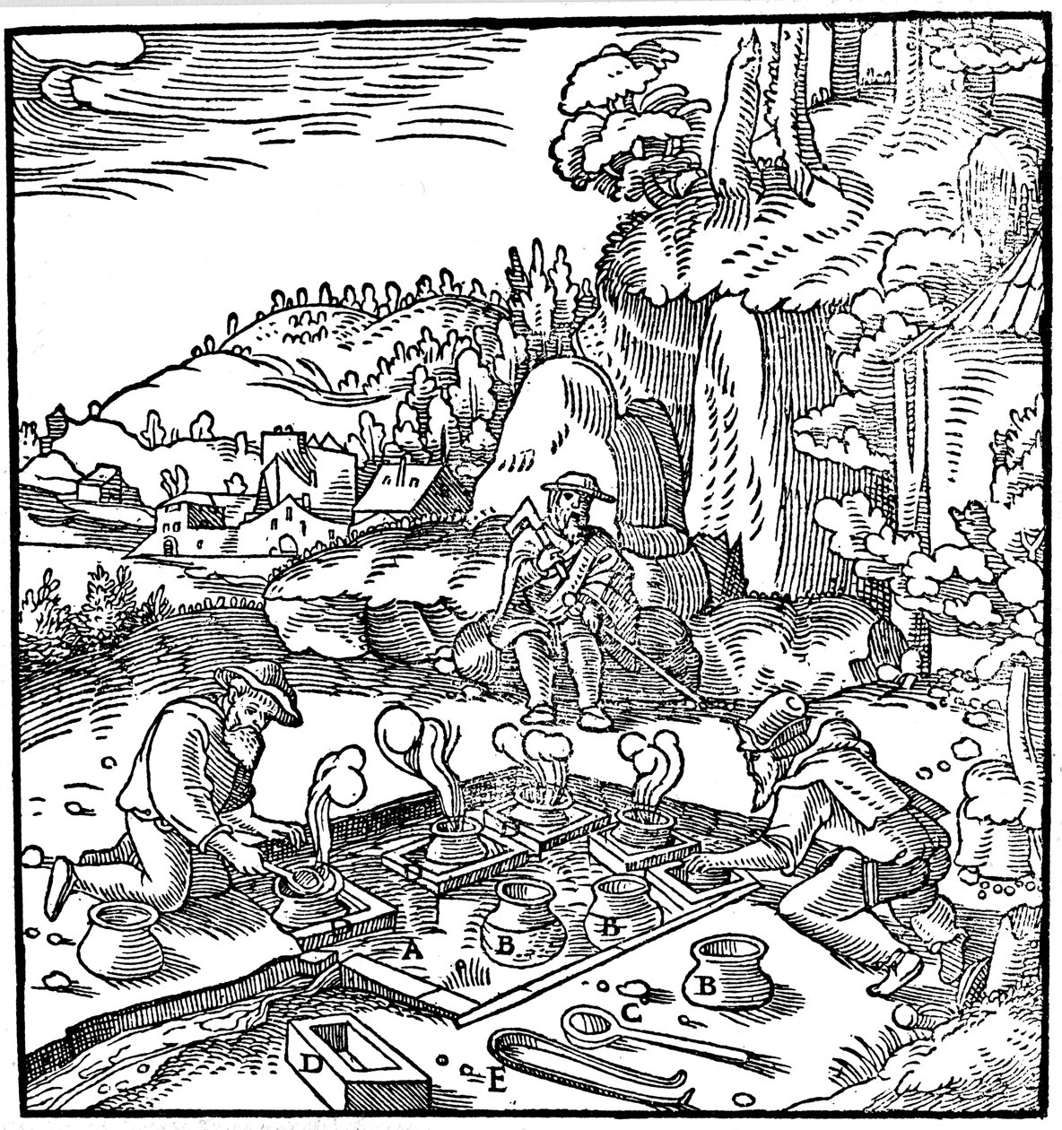 Indunstning av krukor med saltlake i en naturlig varm källa för att få salt, 1556 av Unbekannt