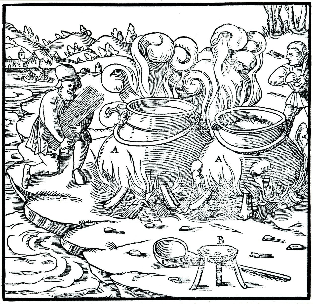 Indunstning av havsvatten i järngrytor för att få salt, 1556 av Unbekannt