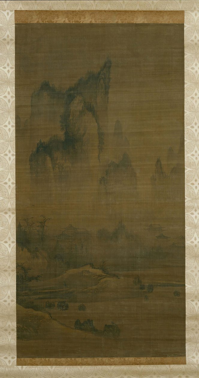 Aftonklocka från ett dimhöljt tempel, höstmåne över sjön Dongting höger, ca. 1450-1500. av Unbekannt