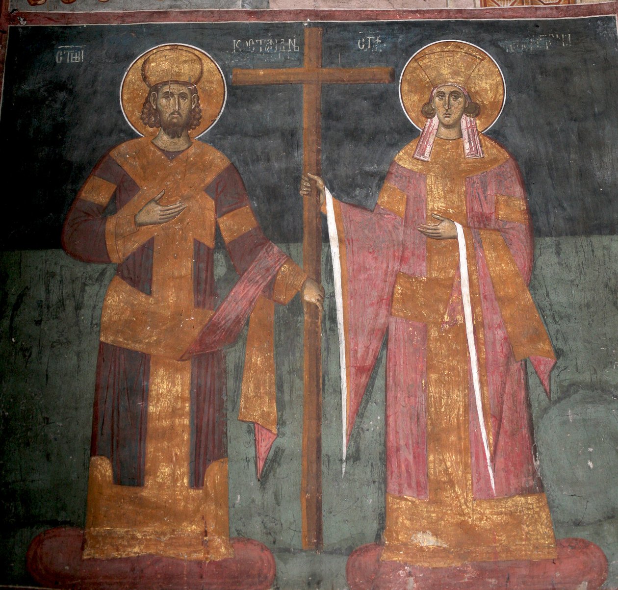 Korsets upphöjelse. De heliga Konstantin den store och Helena, ca 1350 av Unbekannt