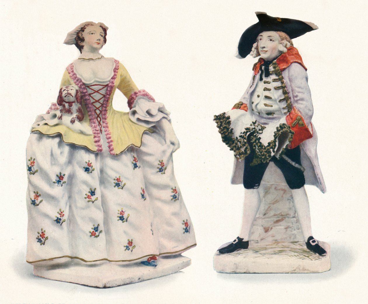 Exceptionellt sällsynta rosettfigurer av porslin dekorerade i färger, c1750 av Unbekannt