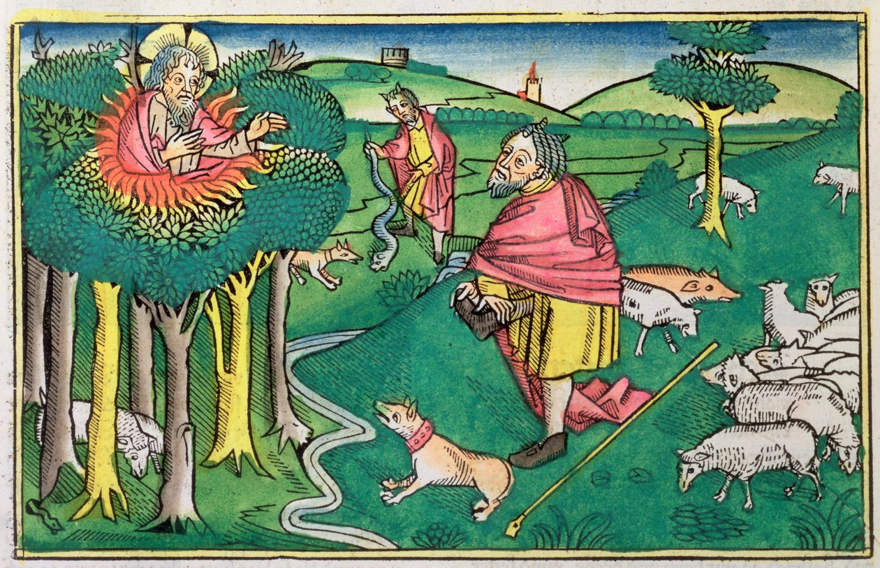 2 Mosebok 3:1-22 och 4:1-4: den brinnande busken och Gud som beväpnar Moses med den mirakulösa staven av Unbekannt