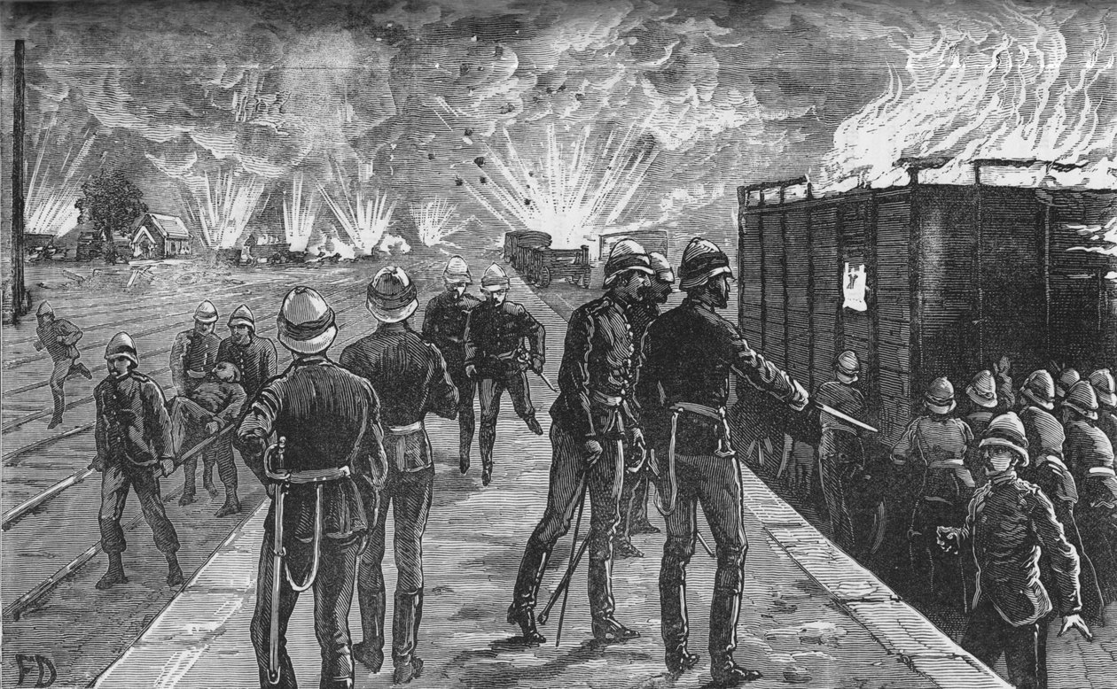 Explosion vid Kairos järnvägsstation: sprängning av granater och ammunition, c1882-85 av Unbekannt