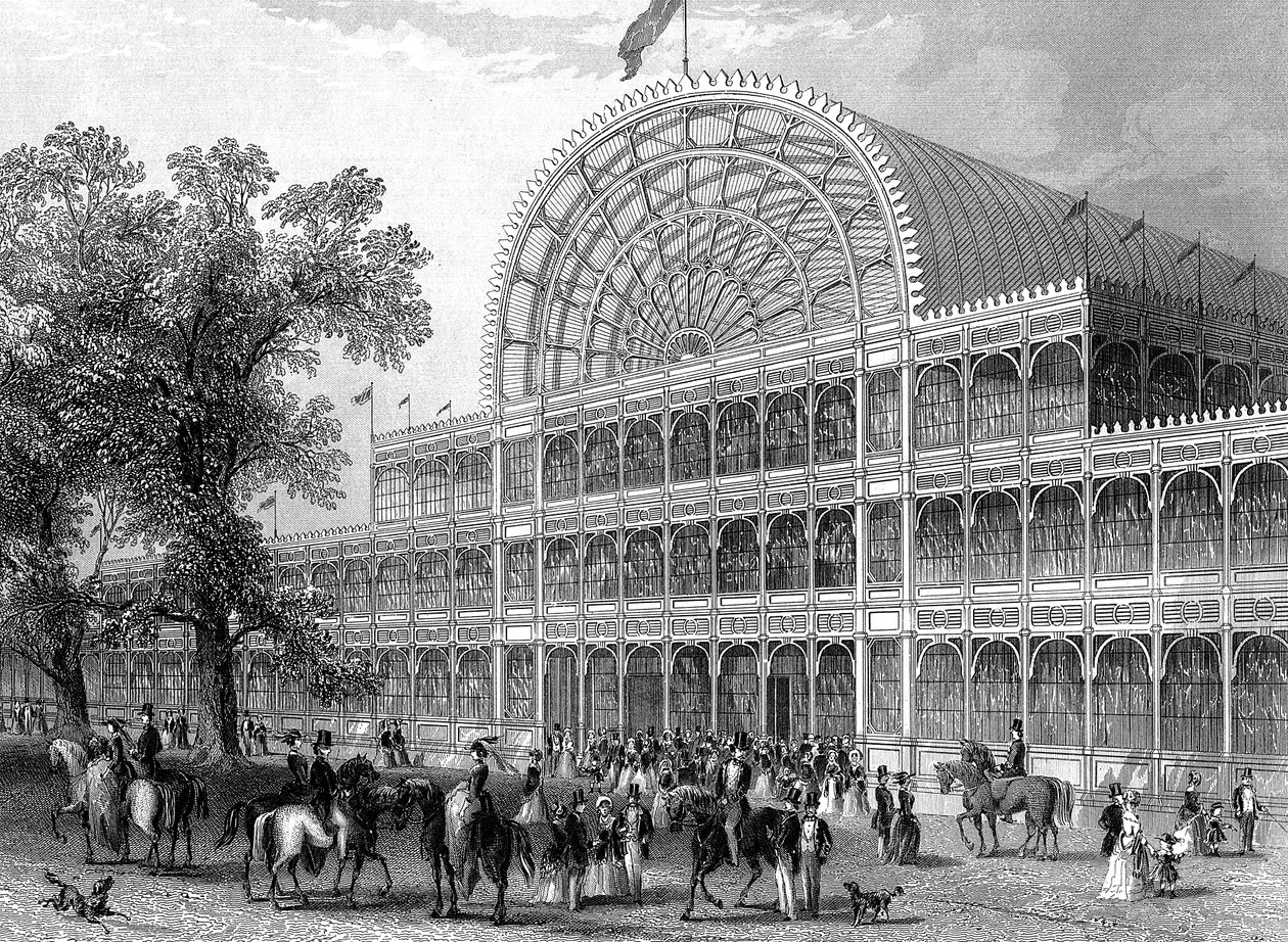 Exteriör av den norra korsarmen av Crystal Palace, London, byggd för den stora utställningen, 1851 av Unbekannt
