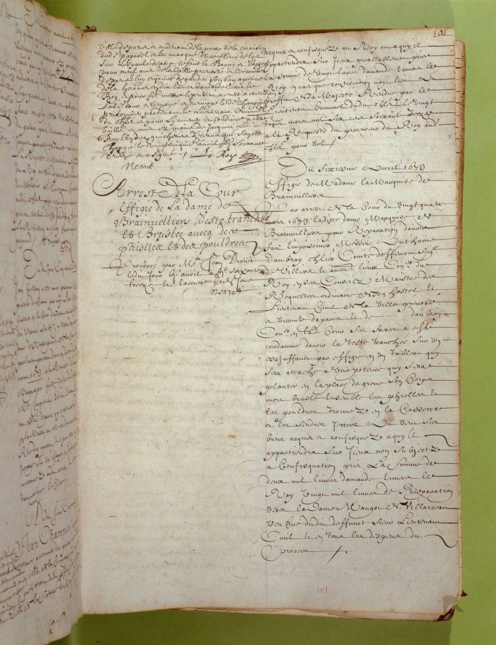 Utdrag ur Conciergerie-protokollen om dödsdömandet genom avrättning och bränning av markisen de Brinvilliers, april 1673 (penna och bläck på papper) av Unbekannt