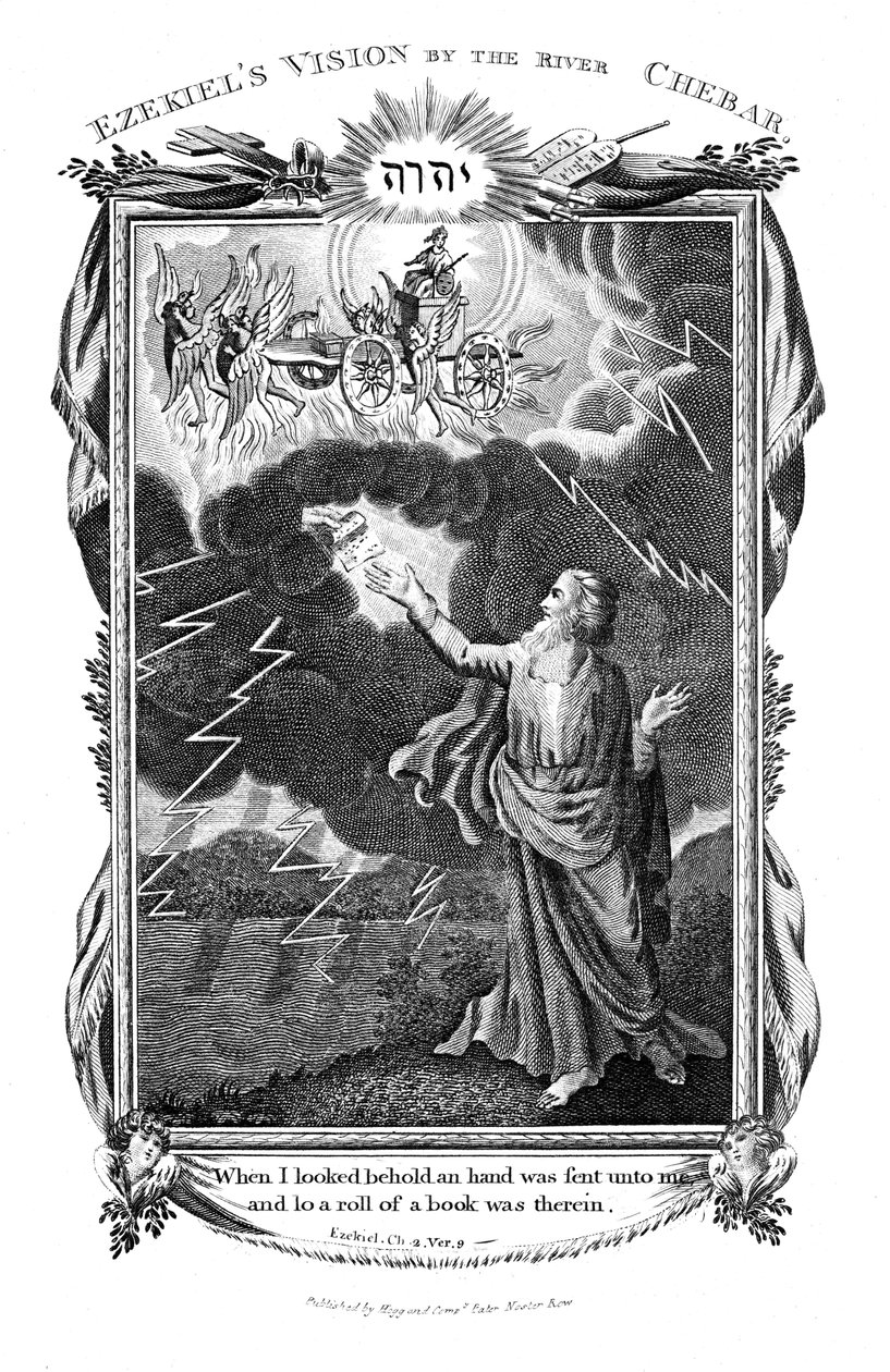 Hesekiels syn av en vagn på himlen och en hand i molnen som räcker fram en bok till honom, 1804 av Unbekannt