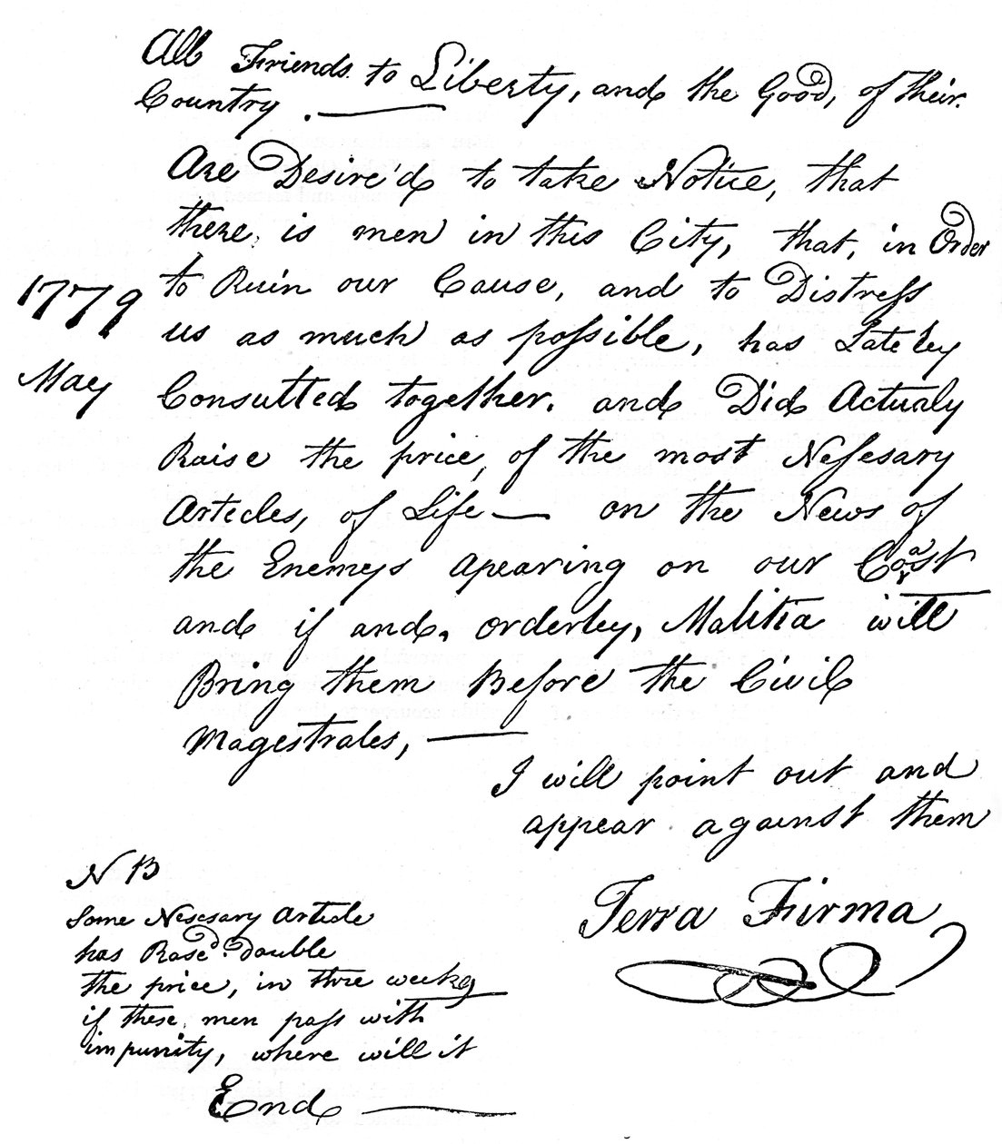 Faksimil av en deklaration om bristen på mat i Amerika, 1779 c1880 av Unbekannt