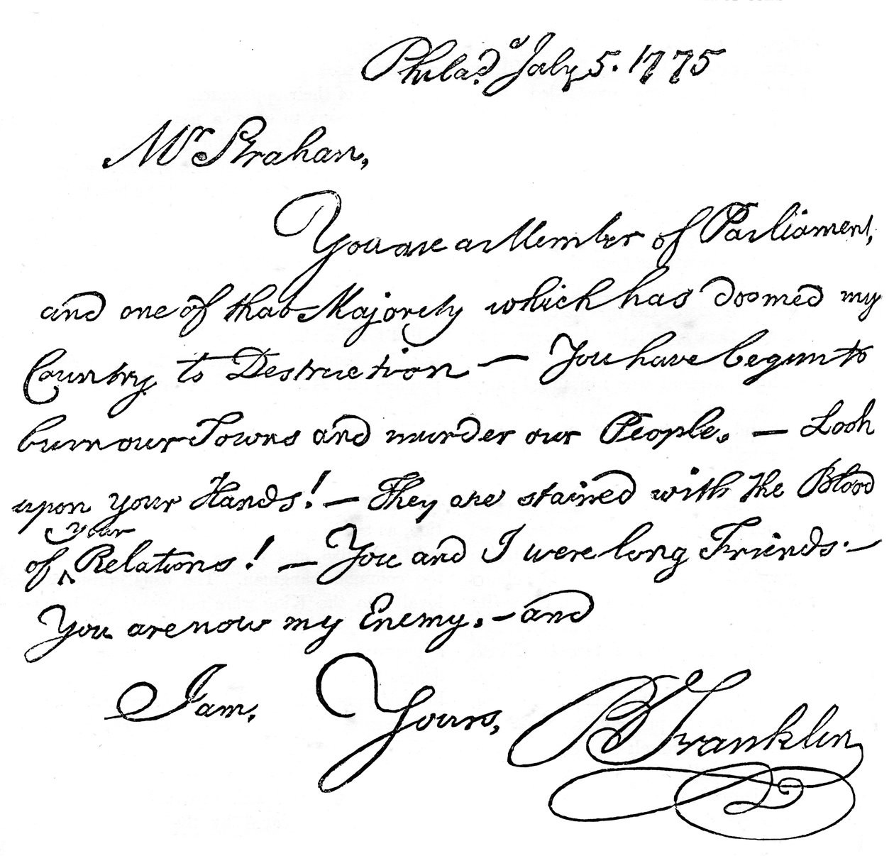 Faksimil av ett brev från Benjamin Franklin till Mr Strahan, 1775 c1880 av Unbekannt