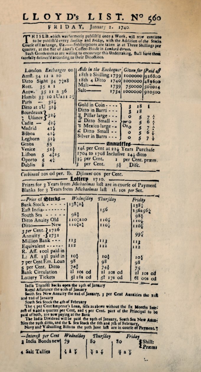 Faksimil av den tidigaste bevarade kopian av Lloyds List, c1740-talet, 1928 av Unbekannt