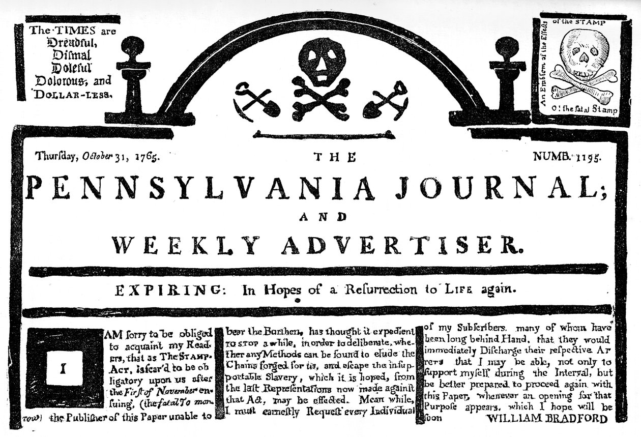 Faksimil av Pennsylvania Journal on the Stamp Act, 1765 c1880 av Unbekannt