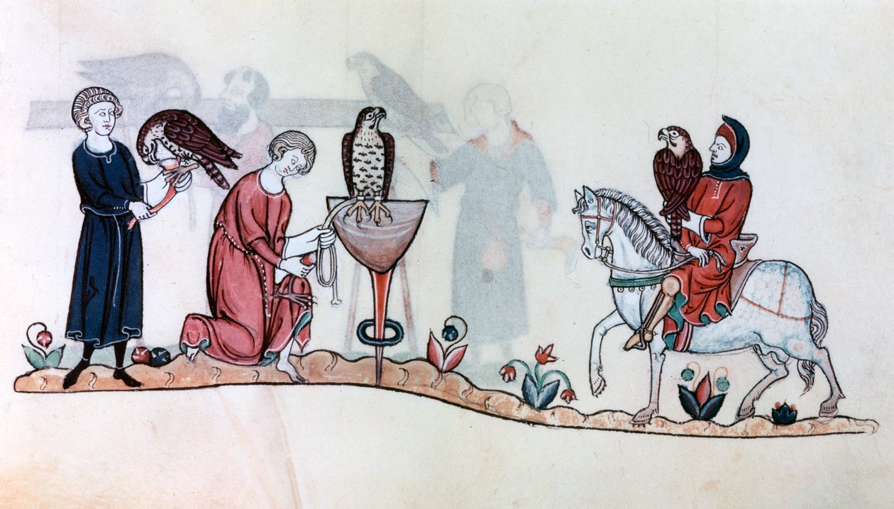 Falkonerare med sina fåglar, 1200-talet av Unbekannt
