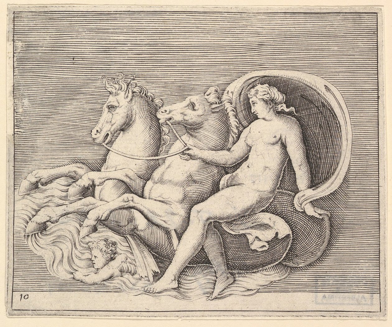Naken kvinna med två sjöhästar, publicerad ca. 1599-1622. av Unbekannt