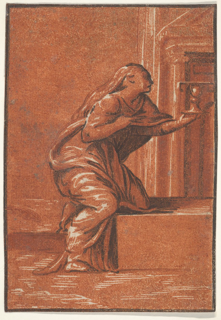 Kvinnlig personifiering av Faith som knäböjer och höjer en kalk i sin vänstra hand, af..., ca. 1520-1560. av Unbekannt