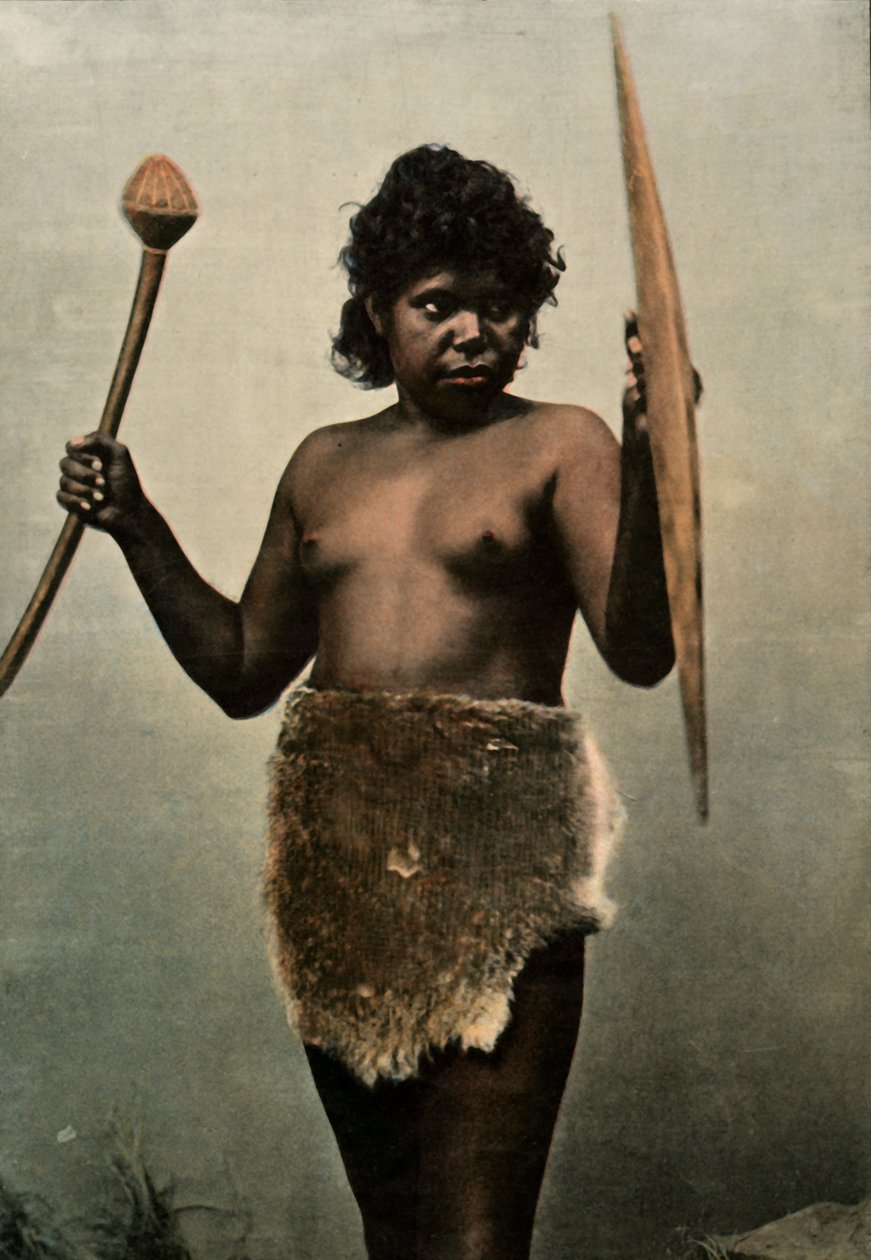 Australisk kvinna som ansvarar för sin mans vapen, australisk kvinna med mäns vapen, 1900. av Unbekannt