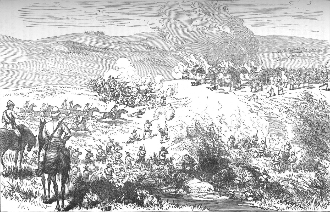 Fight Between the Galekas and the Fingoes vid Butterworth River, 4 oktober 1877, c1880 av Unbekannt