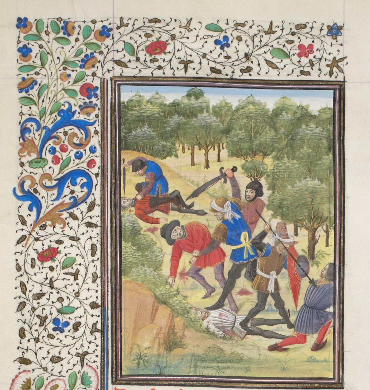Slåss i en skog mellan kristna och saracener. Miniatyr från Historia av William av Tyrus, 1460-talet av Unbekannt