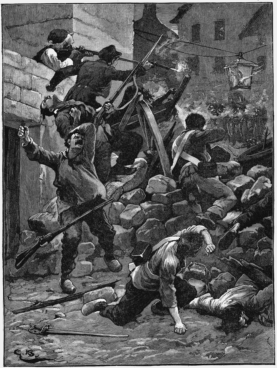 Strid vid barrikaderna, Julimonarkin, Frankrike, 1848 c1885 av Unbekannt