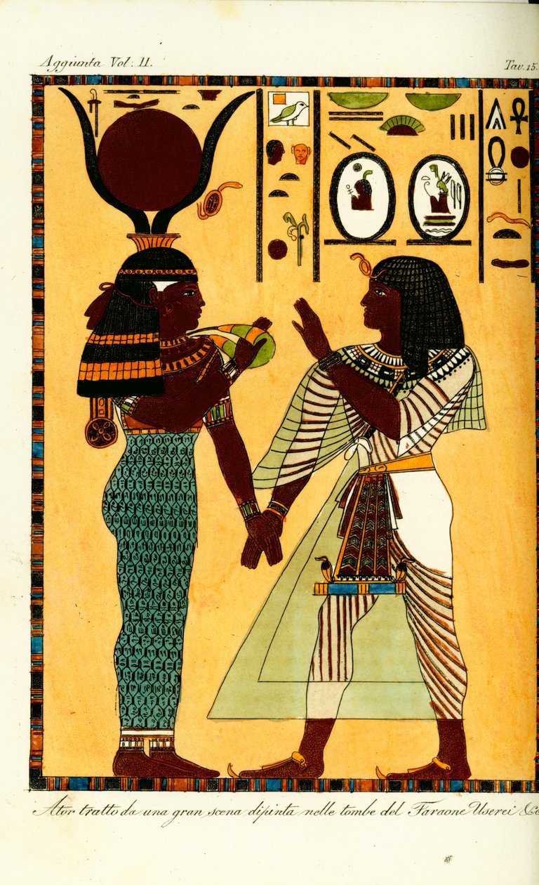 Figur av den egyptiska gudinnan Hathor med kung Seti I från hans grav i Thebe, upptäckt av Giovanni Battista Belzoni av Unbekannt