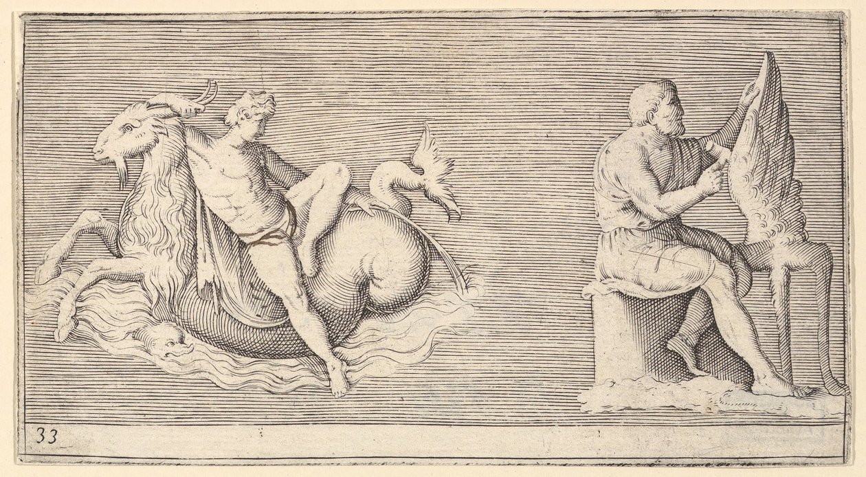 Figur på sjöbock, Man Carving Wing, publicerad ca. 1599-1622. av Unbekannt